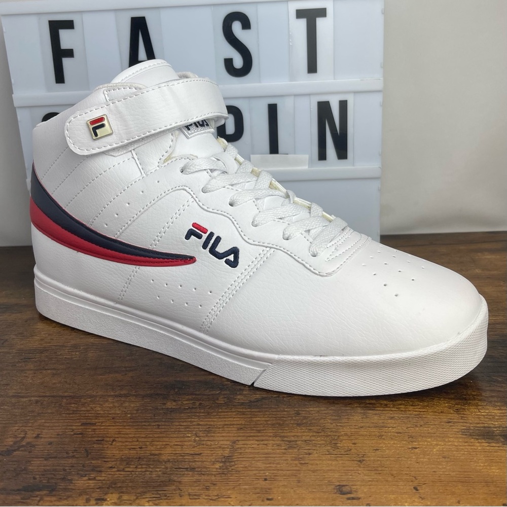 NEW Men FILA VULC 13 MID PLUS WHITE RED BLUE CLASSIC BBALL HIGH TOP SNEAKERS 12